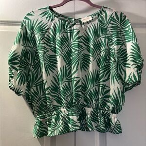 Tropical Green Leaf Print Blouse